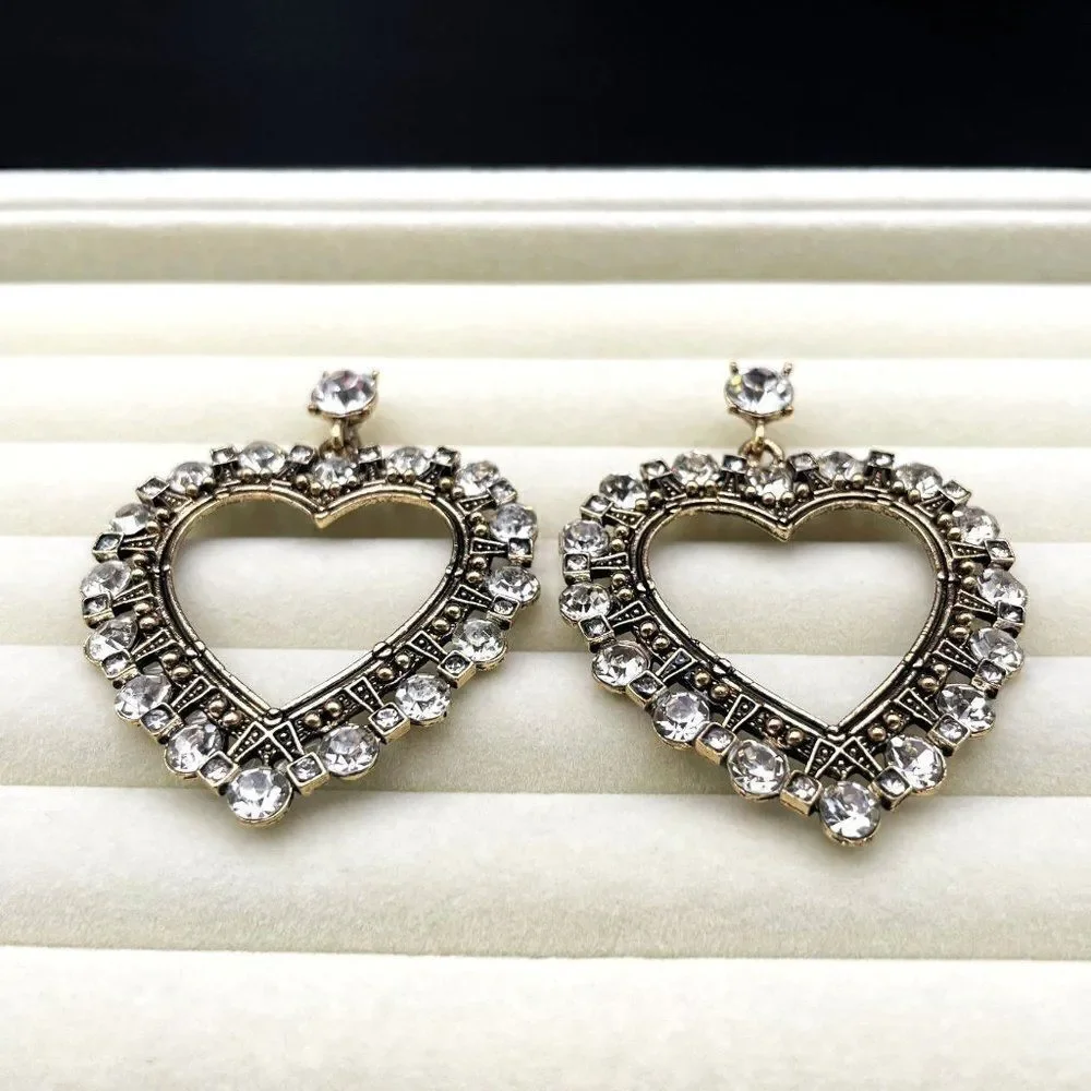 Antique Yellow Gold with White Diamond Crystal Open Heart Dangling Post Earrings